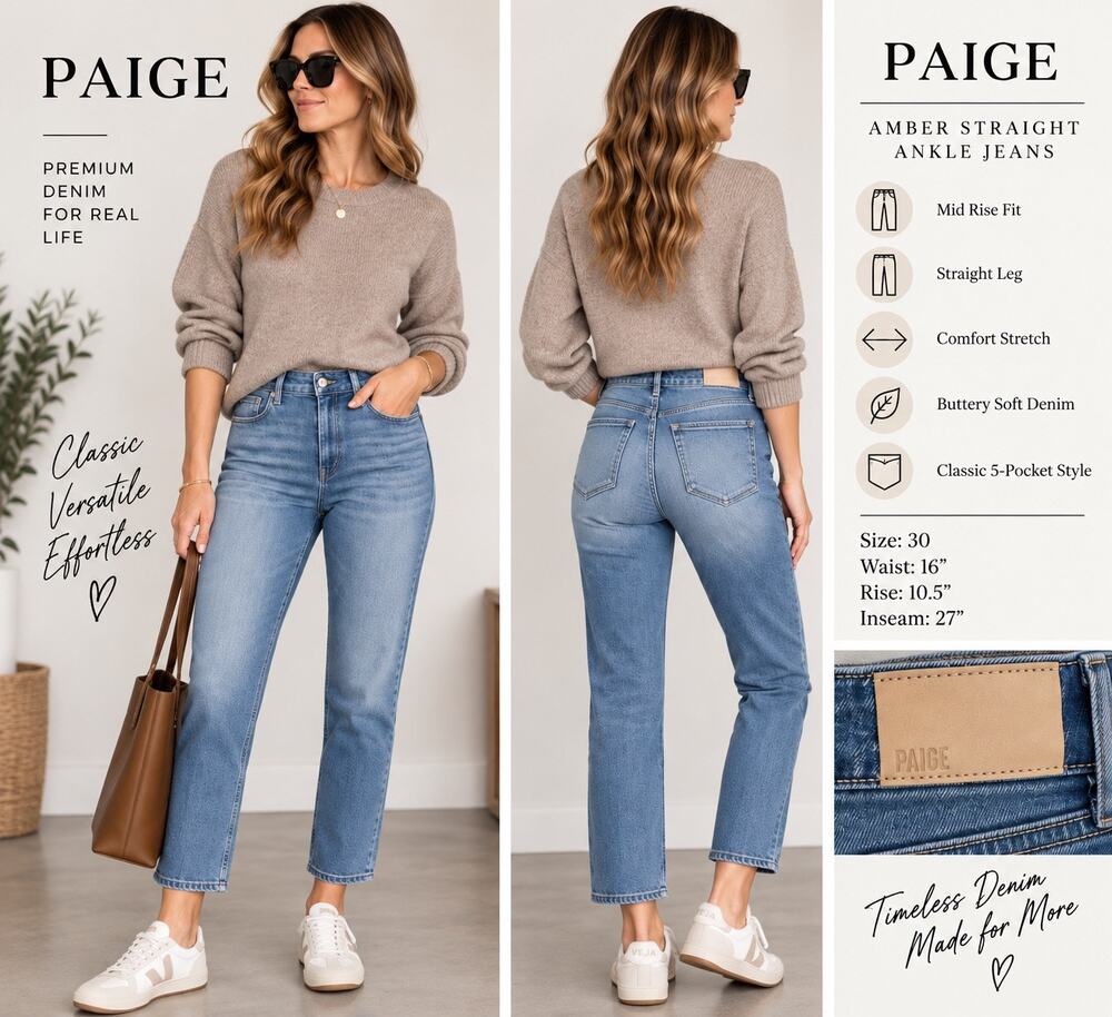 PAIGE Amber Straight Leg Ankle Jeans Medium Wash Size 30 Stretch NWOT